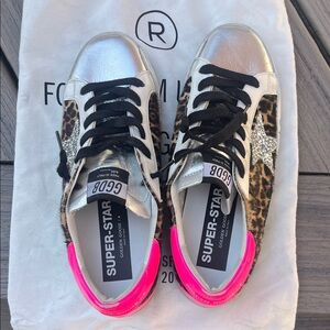 Golden Goose Super-Star Leopard Print Sneakers with Silver and Pink Accents